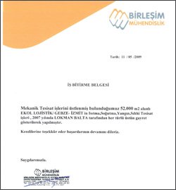 Ekol Lojistik İş Bitirme Belgemiz.